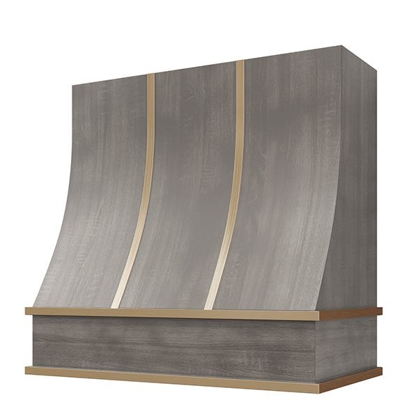 Kitchen and Cabinet Store Sloped With Brass Strapping wood range hood in Stained Gray