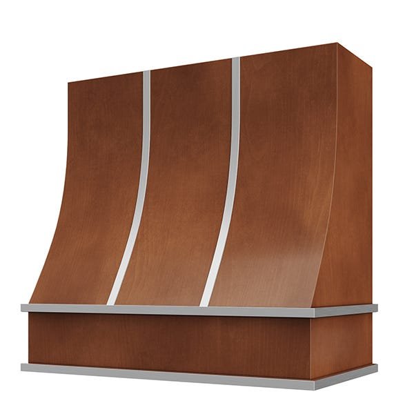 Kitchen and Cabinet Store Sloped With Steel Strapping wood range hood in Chocolate Stain
