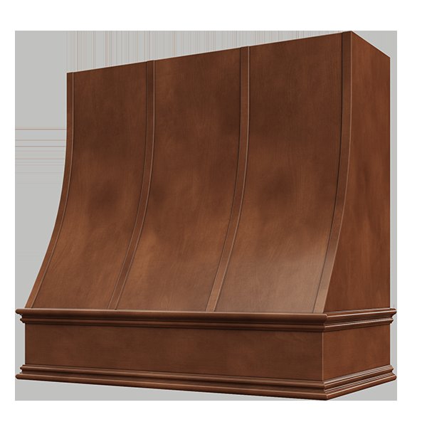 Kitchen and Cabinet Store Sloped With Strapping wood range hood in Chocolate Stain