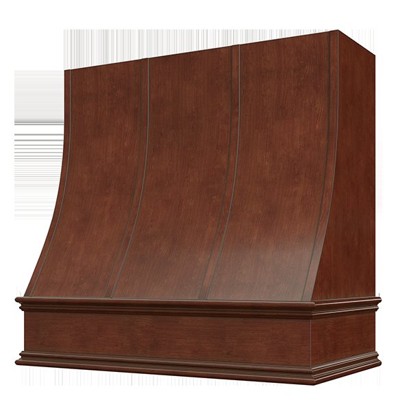 Kitchen and Cabinet Store Sloped With Strapping wood range hood in Saddle Stain