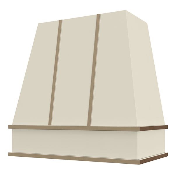 Kitchen and Cabinet Store Tapered With Brass Strapping wood range hood in Antique White