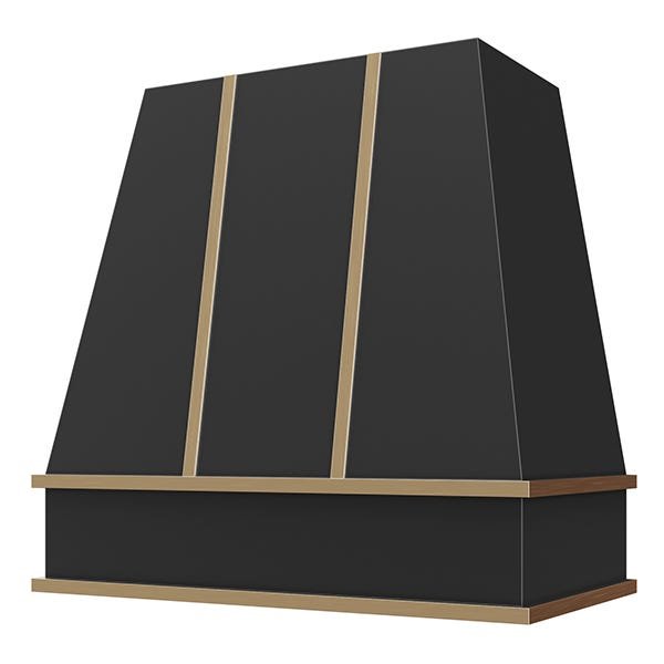 Kitchen and Cabinet Store Tapered With Brass Strapping wood range hood in Black
