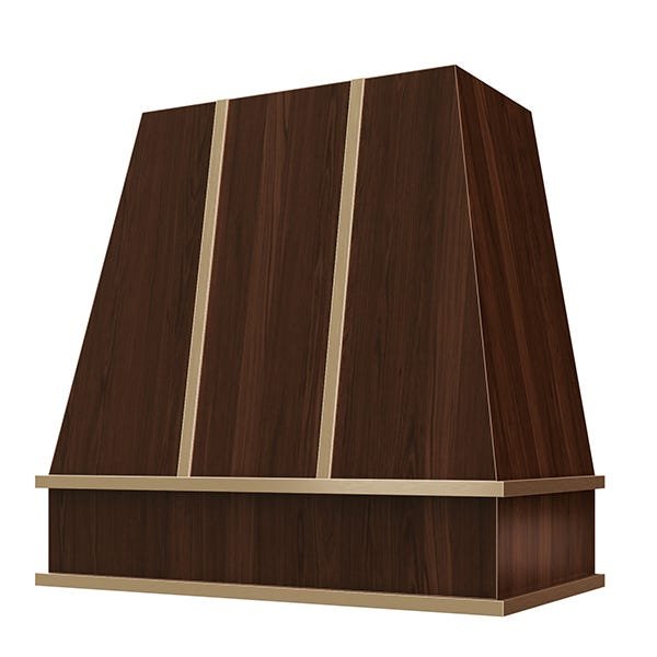 Kitchen and Cabinet Store Tapered With Brass Strapping wood range hood in Espresso Stain