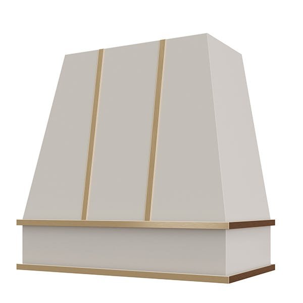 Kitchen and Cabinet Store Tapered With Brass Strapping wood range hood in Light Gray