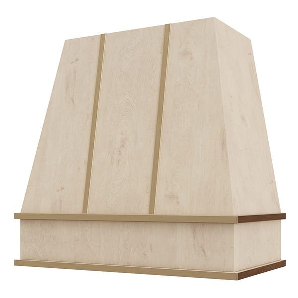 Kitchen and Cabinet Store Tapered With Brass Strapping wood range hood in Raw