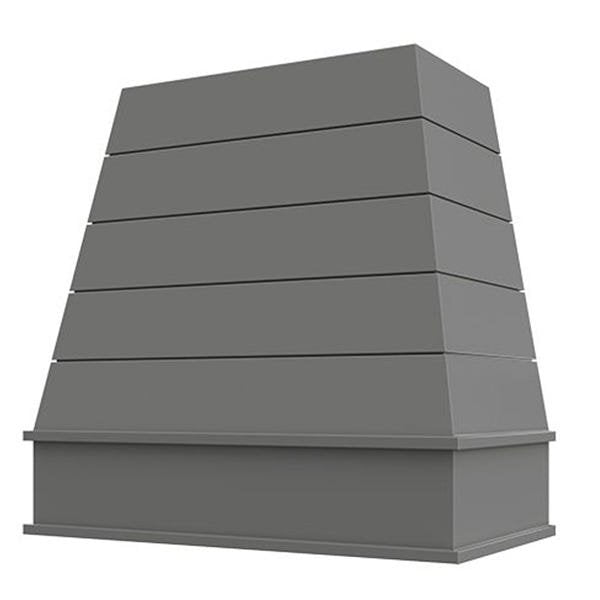 Kitchen and Cabinet Store Tapered With Shiplap wood range hood in Gray