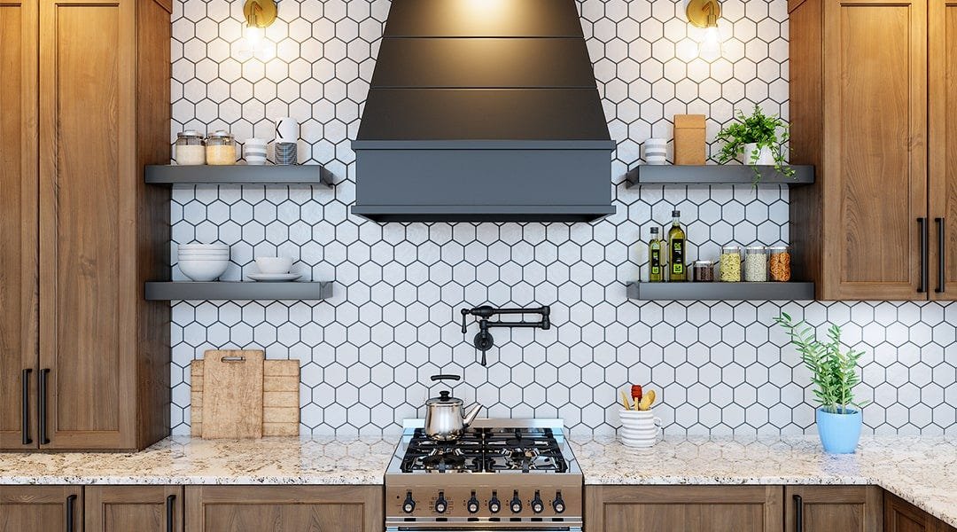 Kitchen with a tapered style wood range hood