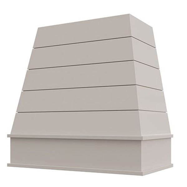Kitchen and Cabinet Store Tapered With Shiplap wood range hood in Light Gray