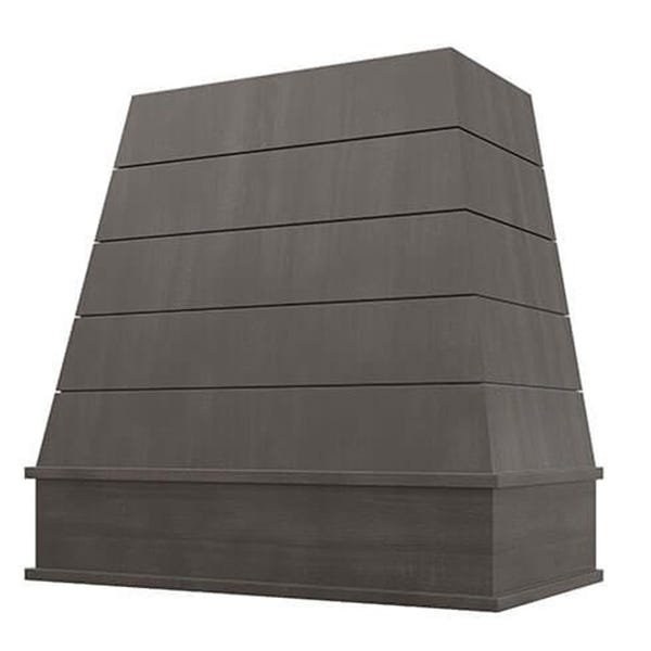 Kitchen and Cabinet Store Tapered With Shiplap wood range hood in Stained Gray