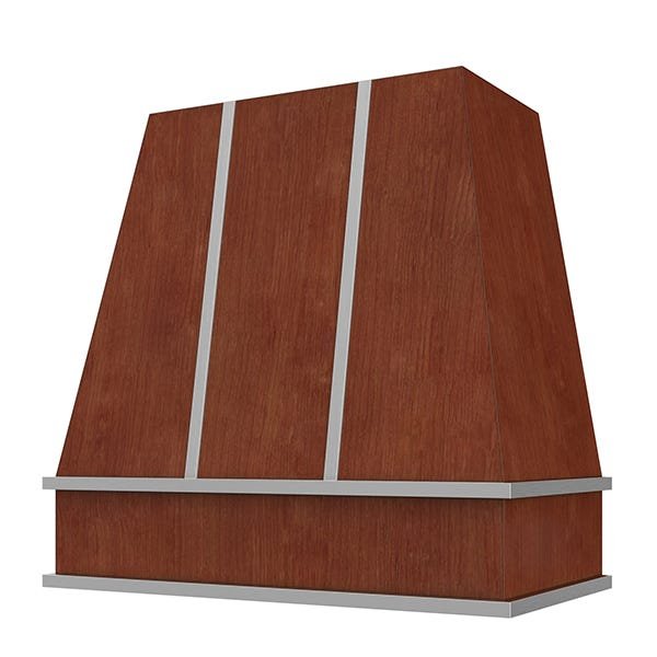 Kitchen and Cabinet Store Tapered With Steel Strapping wood range hood in Saddle Stain