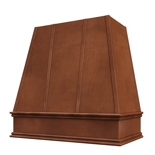 Kitchen and Cabinet Store Tapered With Strapping wood range hood in Chocolate Stain