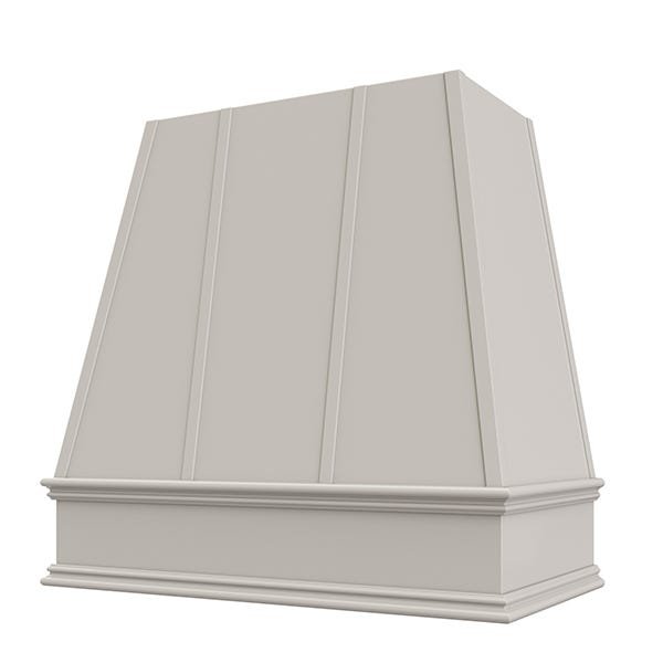 Kitchen and Cabinet Store Tapered With Strapping wood range hood in Light Gray