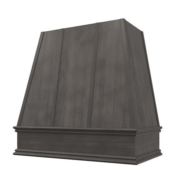 Kitchen and Cabinet Store Tapered With Strapping wood range hood in Stained Gray