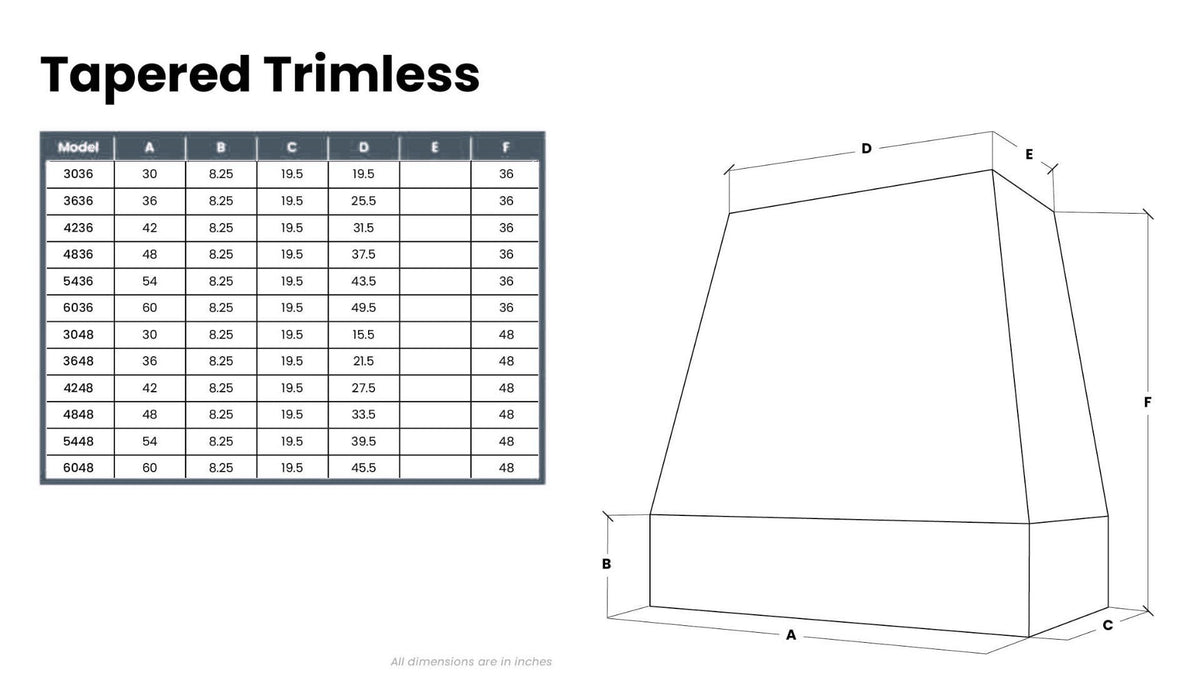 Kitchen and Cabinet Store Tapered Without Trim wood range hood dimension drawing and size chart