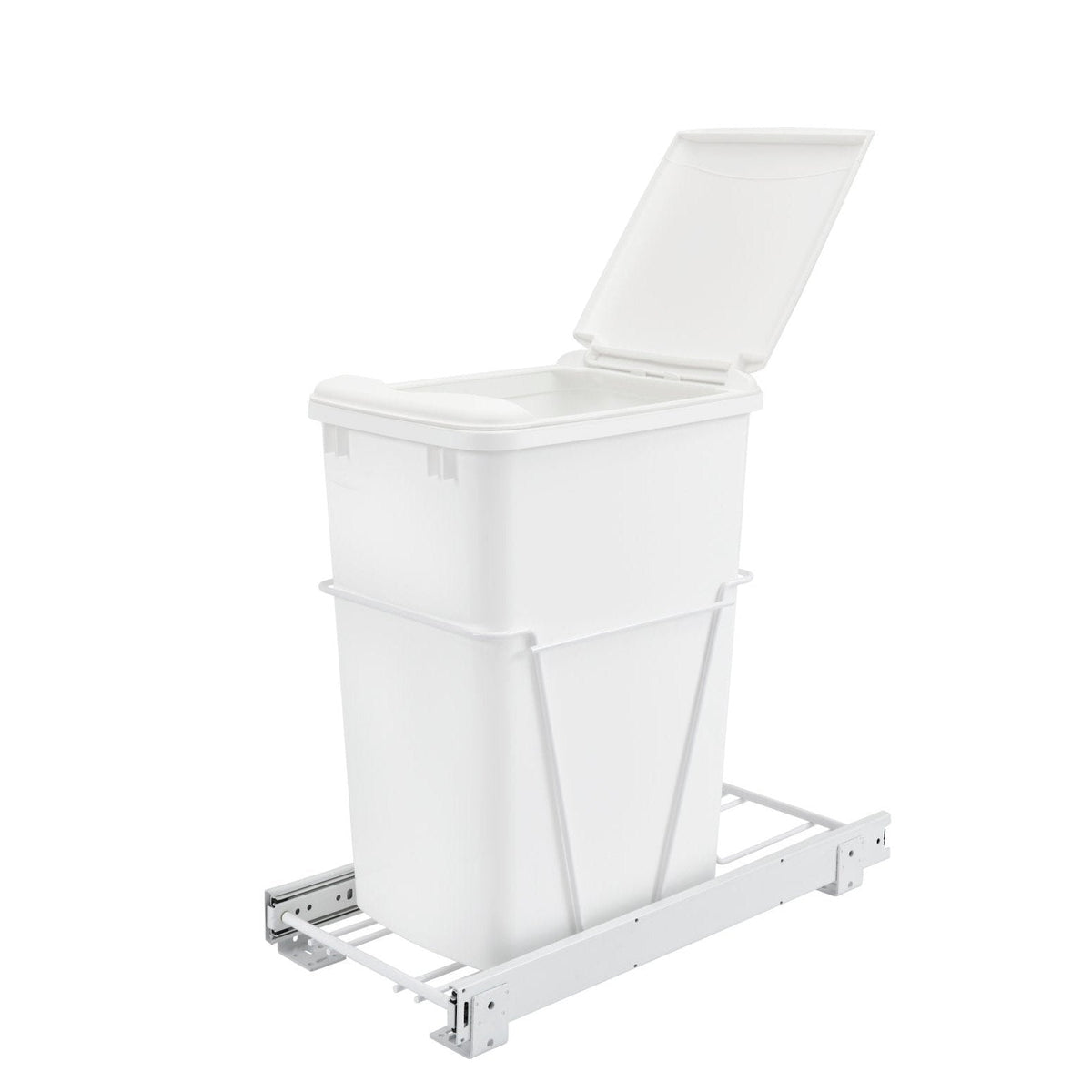REV-A-SHELF RV-12PB-LE Single White 35 Qt. White Steel Wire Bottom Mount Waste Container w/ Lid and Full-Extension Slides for Reduced Depth 15" Base Cabinets