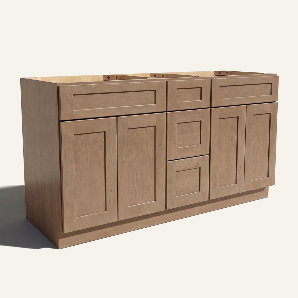 Angled view of a driftwood Seaport Shaker double sink vanity base with 4 doors, 3 drawers, and 2 false drawer fronts.