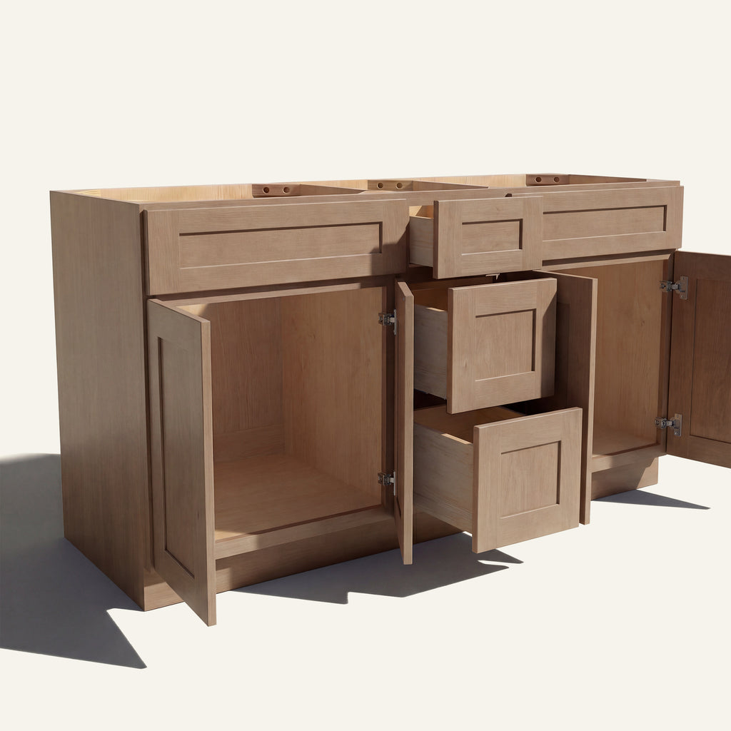 Angled view of a driftwood Seaport Shaker double sink vanity base with doors and 3 drawers open showing wood interior.