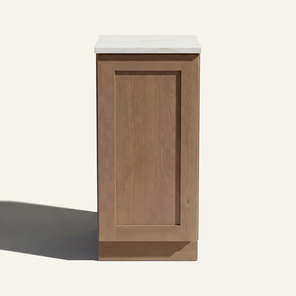 Straight on view of a driftwood Seaport Shaker base cabinet with 1 full-height door.