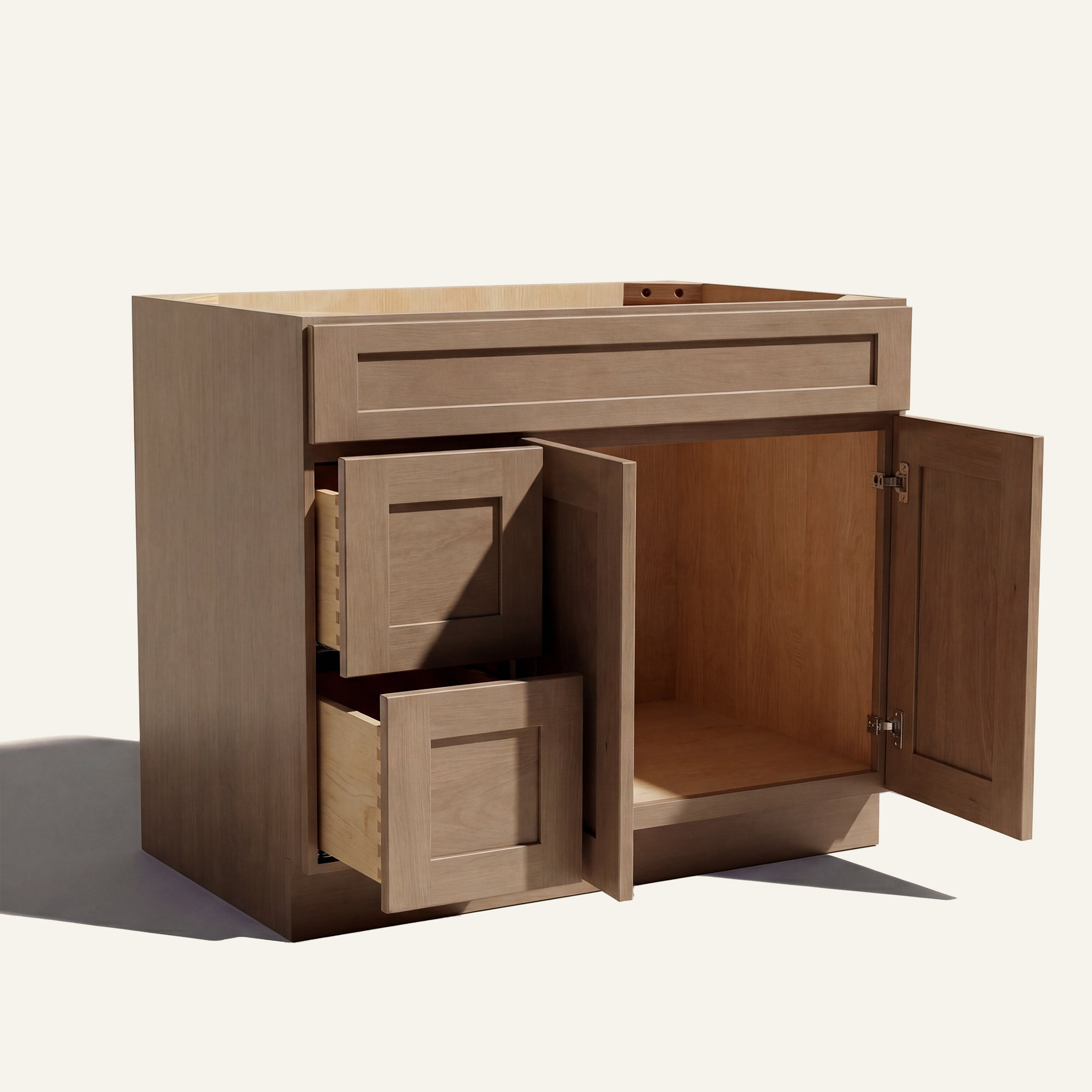 Open right door view of a driftwood Seaport shaker single sink vanity featuring two doors and 2 left-side stacked drawers.