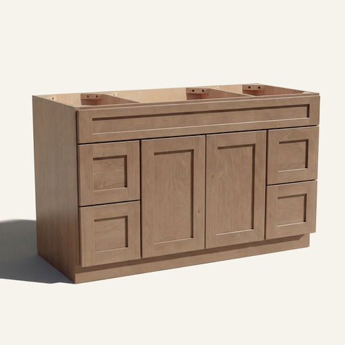 Angled view of a driftwood Seaport Shaker wide single sink vanity base with 2 doors, 4 drawers, and 1 false drawer front.
