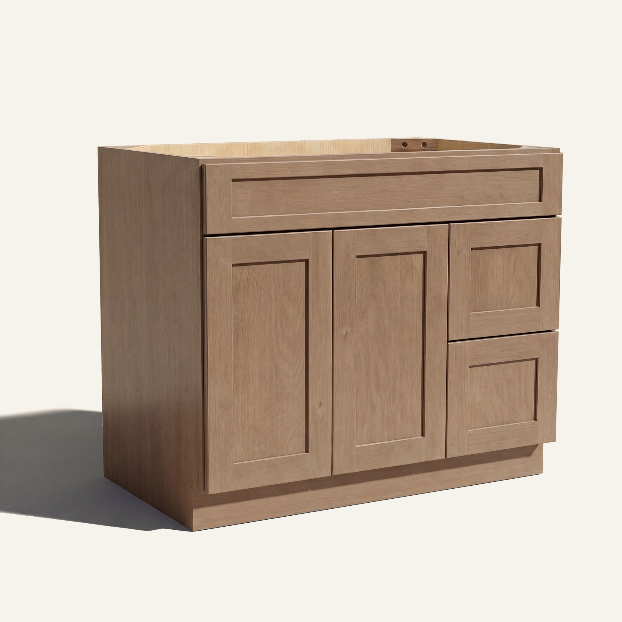 Angled view of driftwood Seaport Shaker single sink vanity, 2 doors, 2 drawers right, and 1 false drawer front.