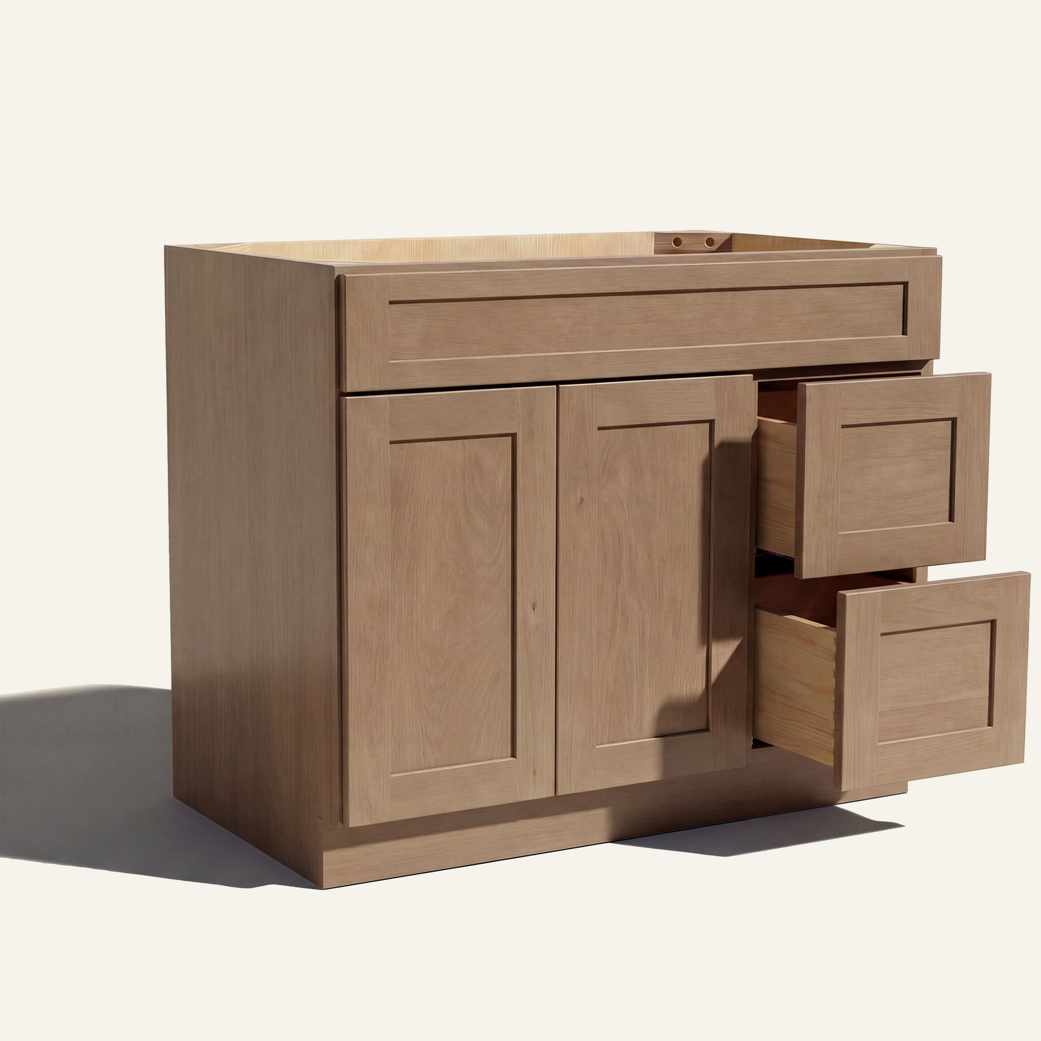 Open view of driftwood Seaport Shaker single sink vanity, 2 doors, 2 drawers right, and 1 false drawer front.