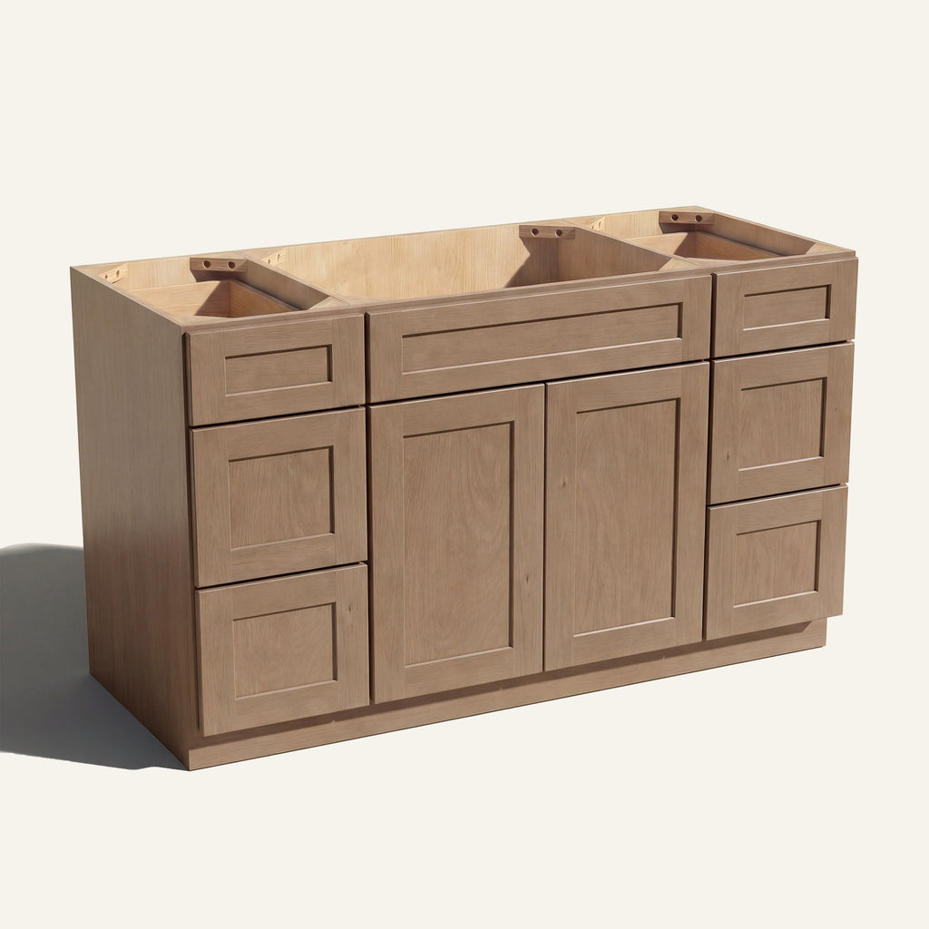 Angled view of a driftwood Seaport Shaker 60w single sink vanity with 2 doors, 6 drawers and 1 false drawer front.