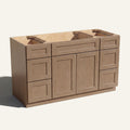 Angled view of a driftwood Seaport Shaker 60w single sink vanity with 2 doors, 6 drawers and 1 false drawer front.