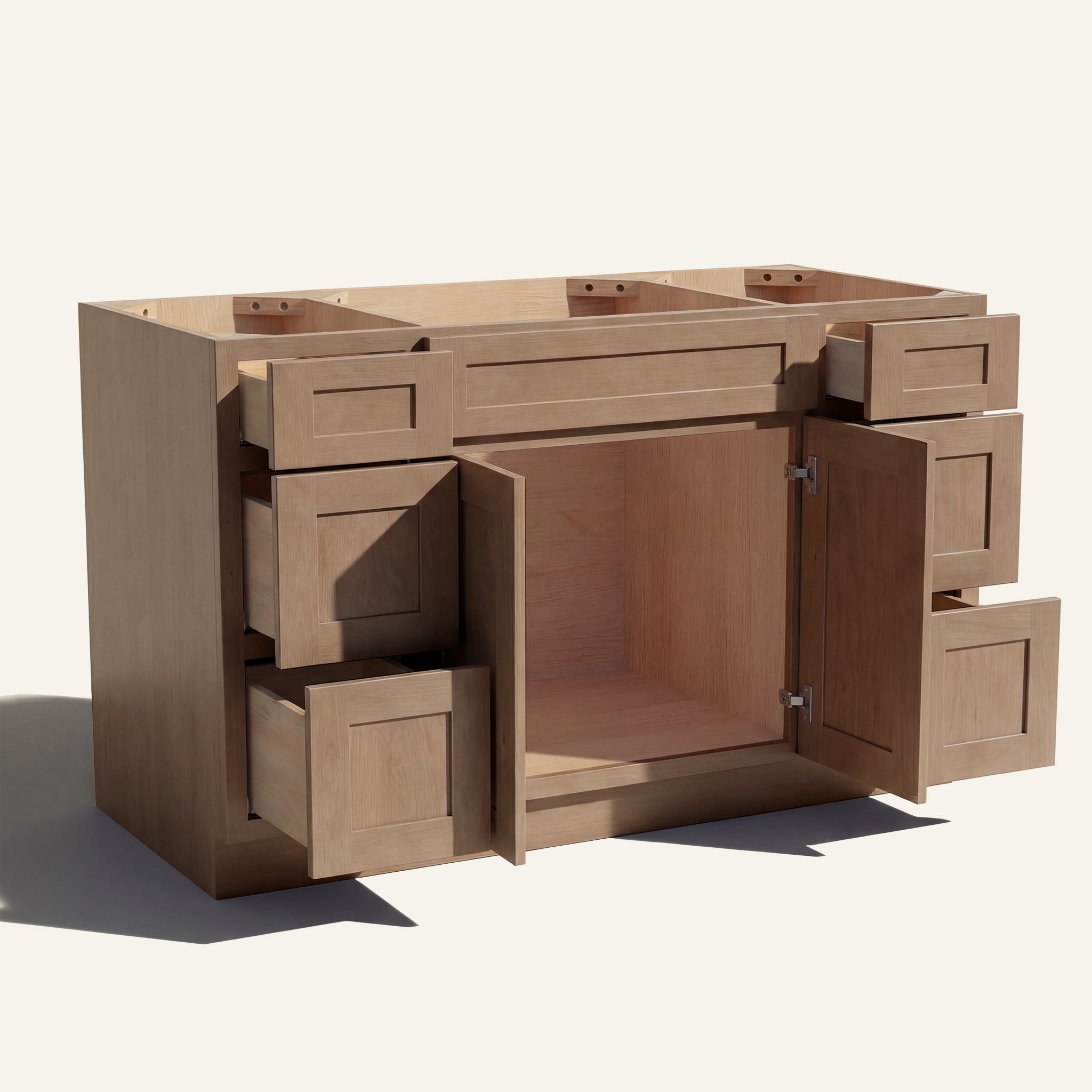 Open view of a driftwood Seaport Shaker 60" single sink vanity, 2 doors and 6 drawers open showing wood interior.