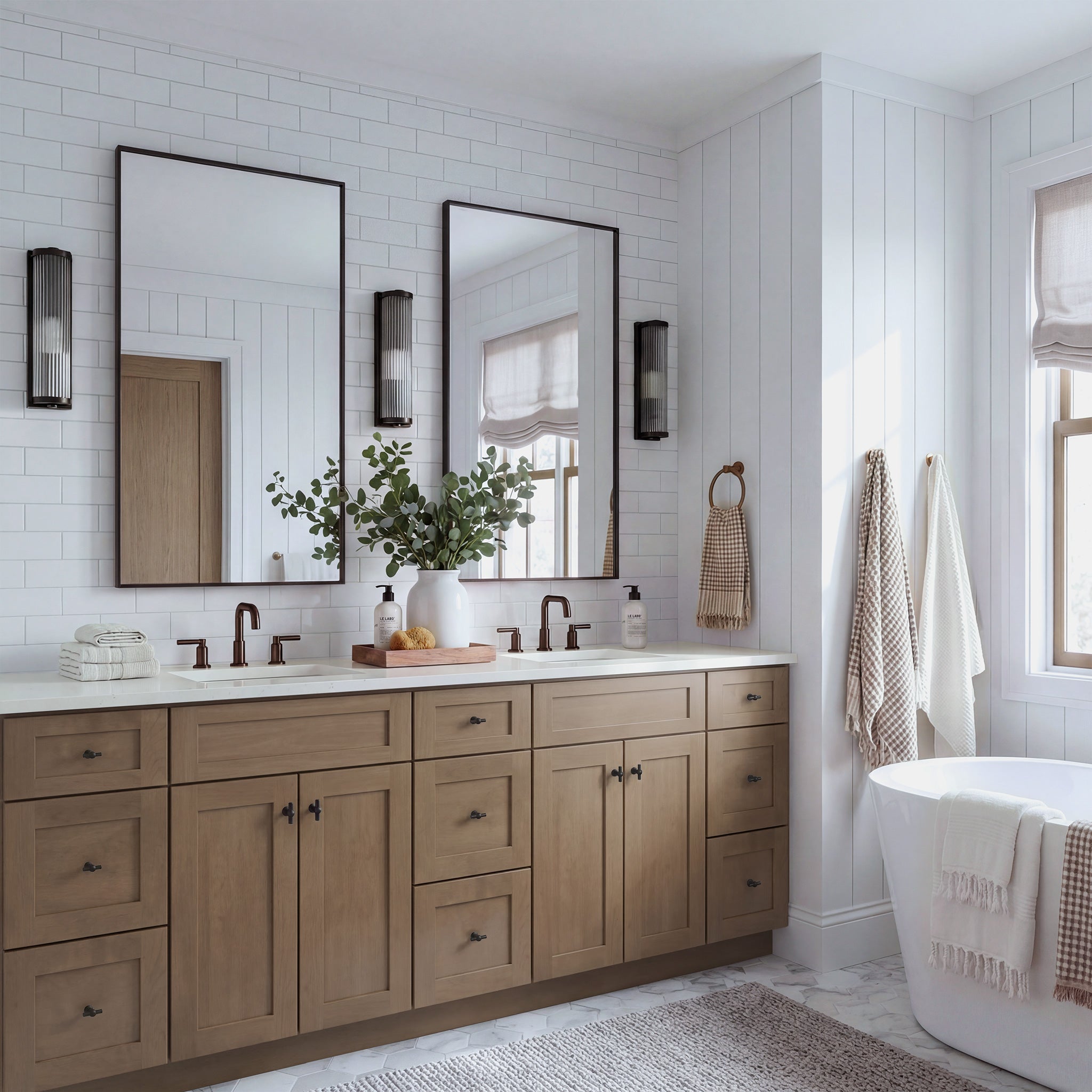 Angled view of a driftwood Seaport shaker double sink vanity in a traditional, warm bathroom scene with a marble countertop.