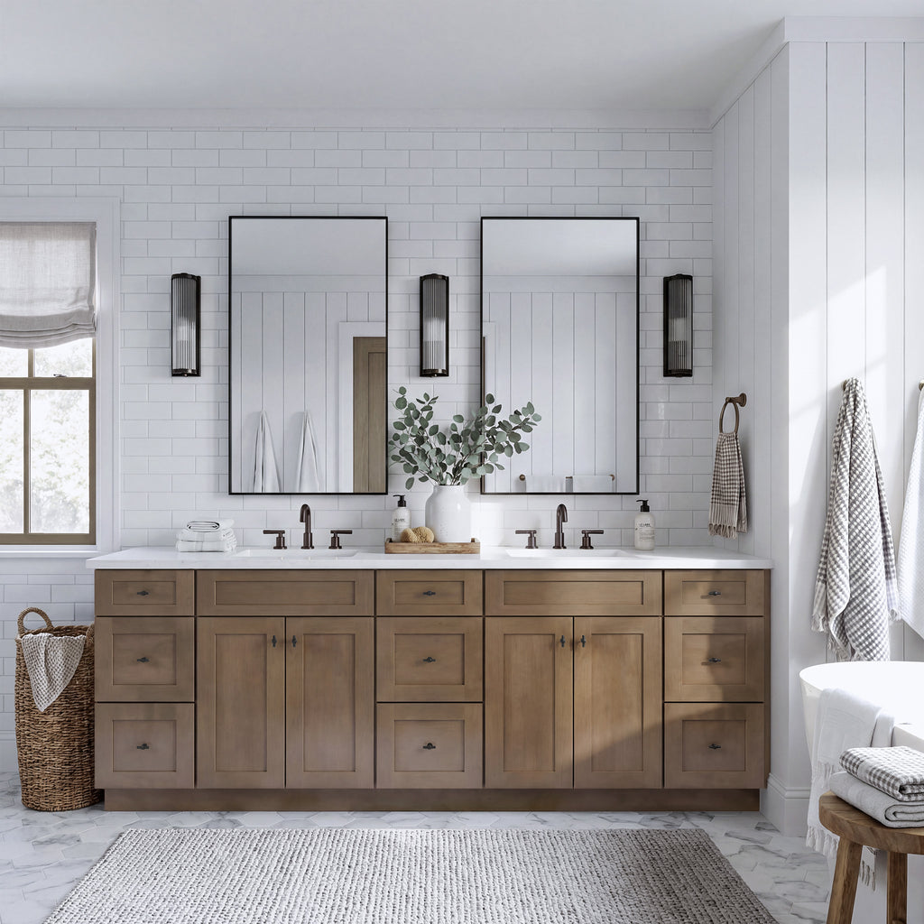 Straight-on view of a driftwood Seaport double sink vanity flanked by two 3-drawer end cabinets in a warm traditional bathroom.