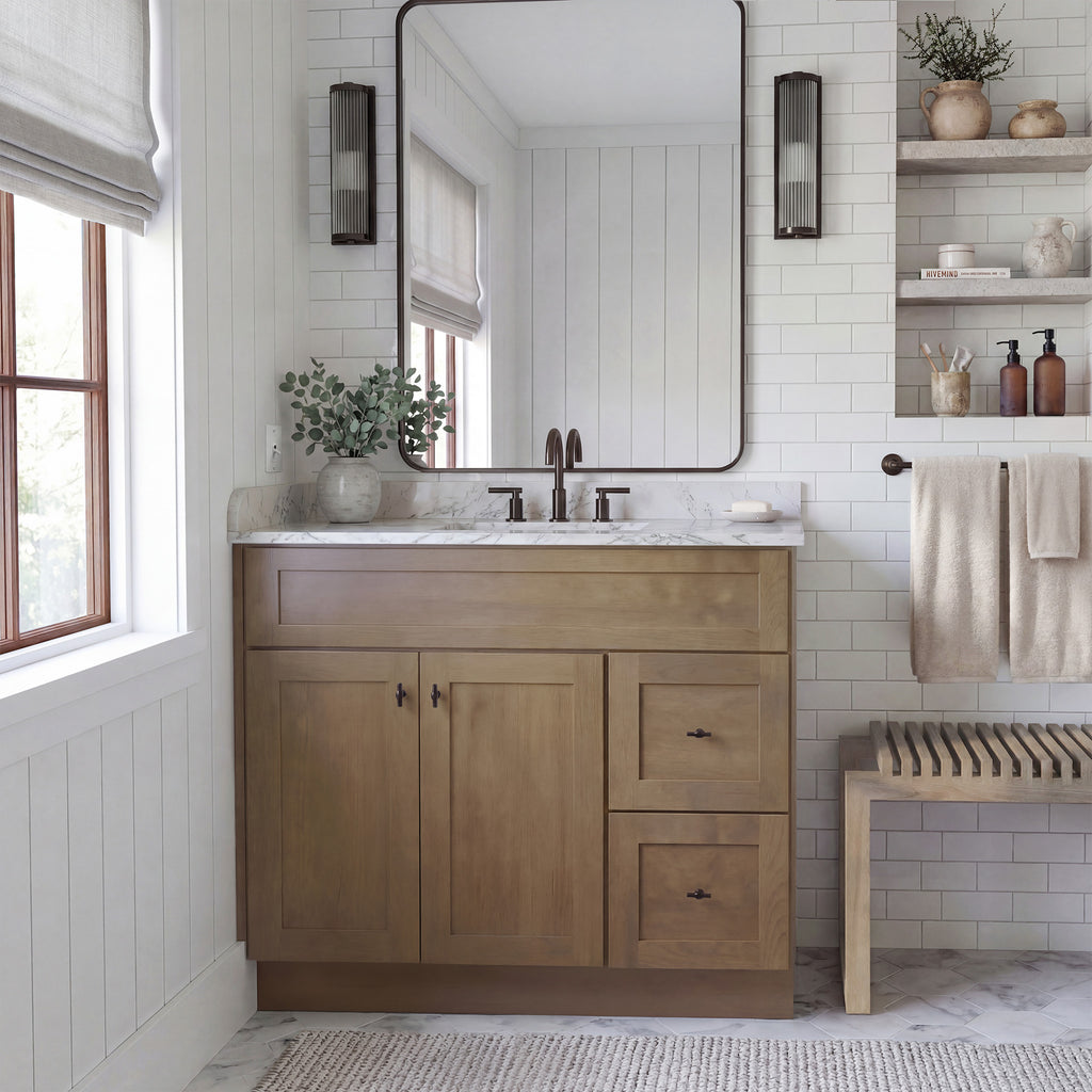 Front view of a driftwood Seaport shaker vanity with 2 doors, 2 drawers right, and 1 false drawer in a warm traditional bathroom.