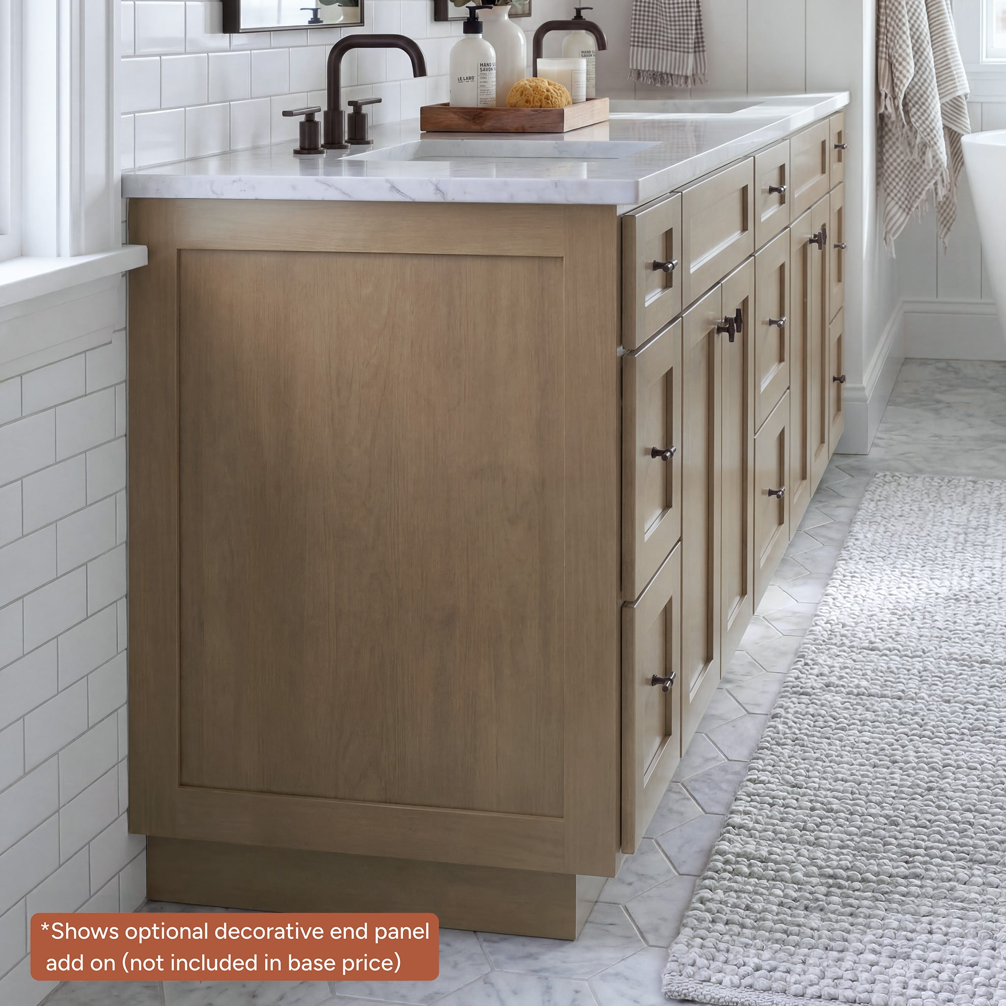Driftwood Seaport shaker vanity detail showing an optional decorative end panel add-on, not included in base price.