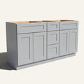 Angled view of a light gray Seaport Shaker double sink vanity base with 4 doors, 3 drawers, and 2 false drawer fronts.