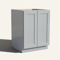 Angled view of a light gray Seaport Shaker base cabinet with 2 full height doors.