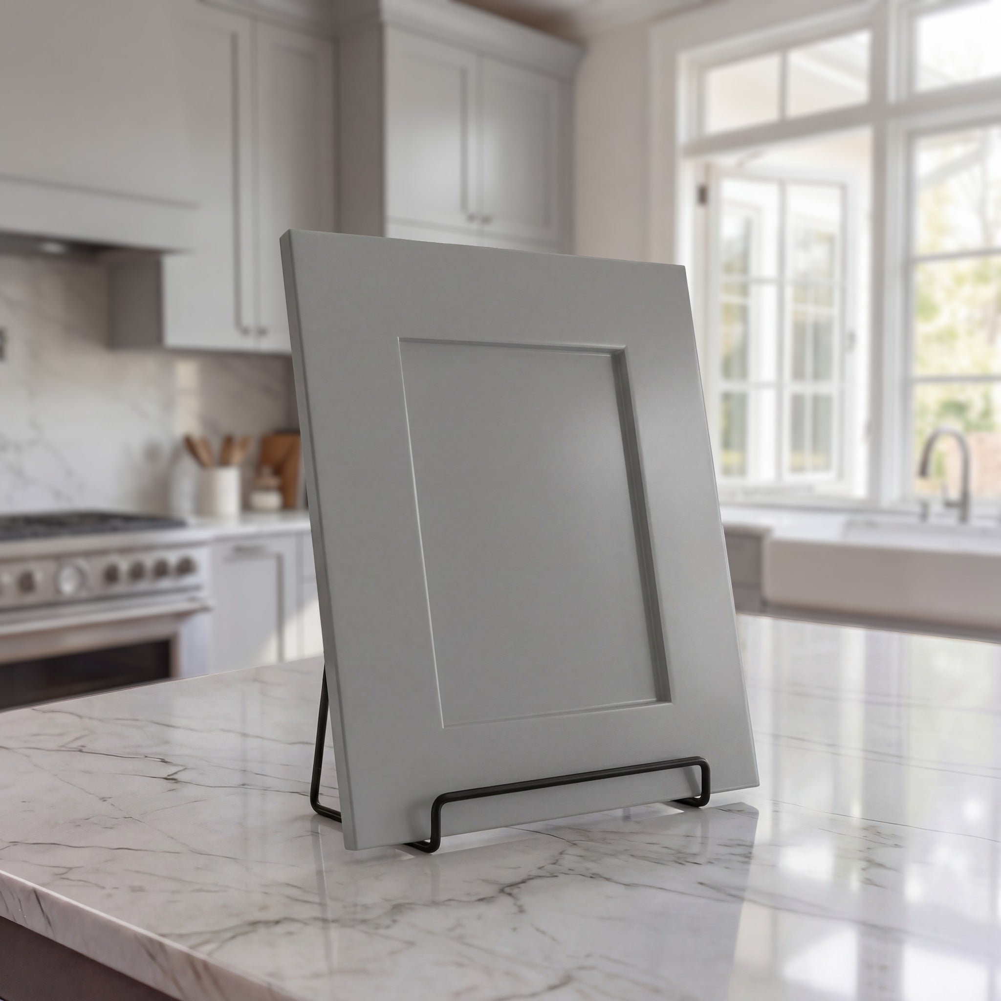 Angled Seaport light gray shaker cabinet door sample on a Mont Blanc quartzite countertop against a bright kitchen backdrop.