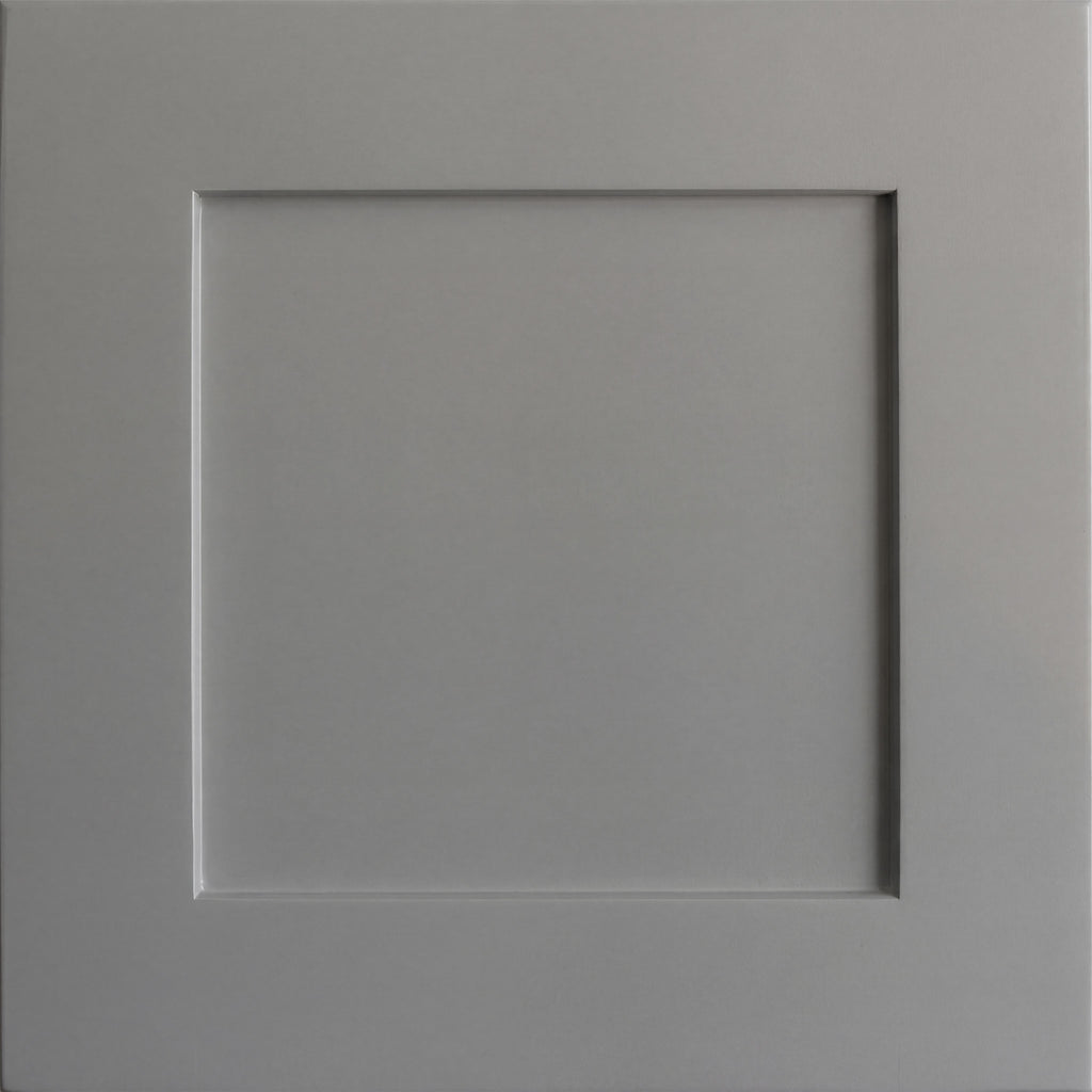 Close up view of a light gray Seaport shaker cabinet door with a recessed square panel.