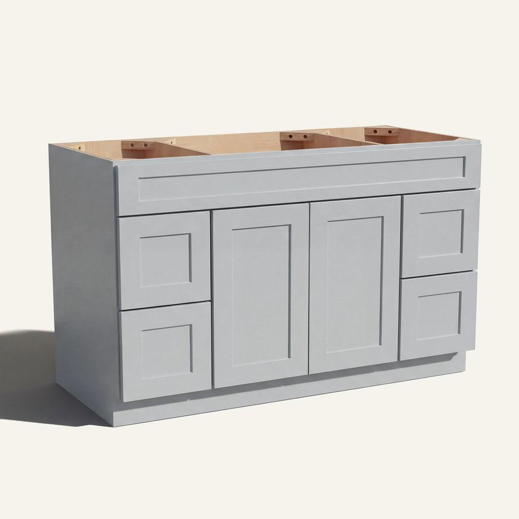 Angled view of a light gray Seaport Shaker wide single sink vanity base with 2 doors, 4 drawers, and 1 false drawer front.