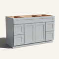 Angled view of a light gray Seaport Shaker wide single sink vanity base with 2 doors, 4 drawers, and 1 false drawer front.