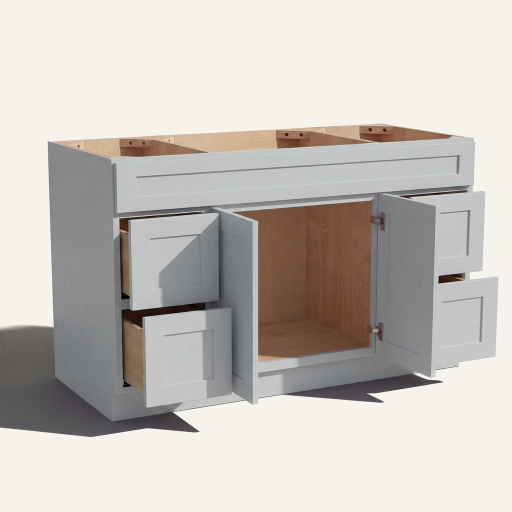 Open view of a light gray Seaport Shaker single sink vanity base with 2 doors and 4 drawers showing the stained interior.