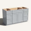 Angled view of a light gray Seaport Shaker 60w single sink vanity with 2 doors, 6 drawers and 1 false drawer front.