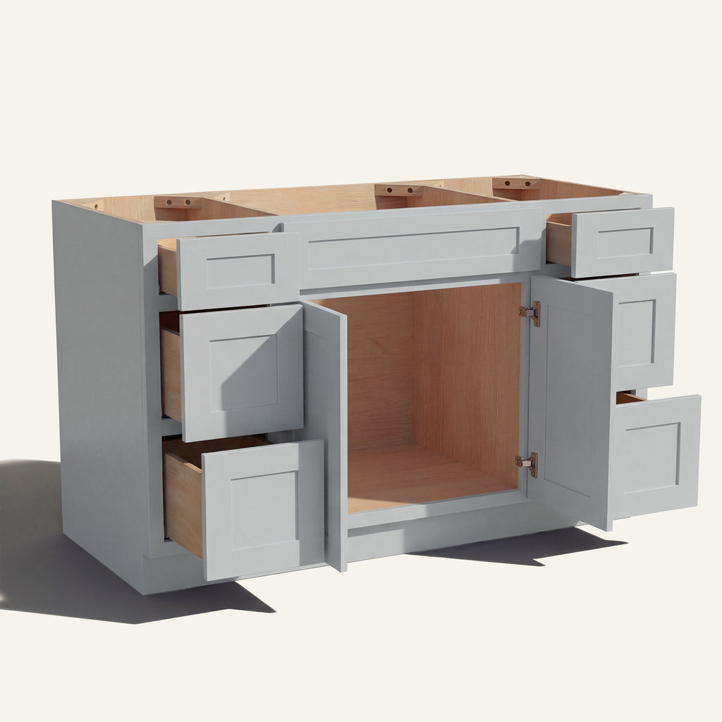 Open view of a light gray Seaport Shaker 60" single sink vanity, 2 doors and 6 drawers open showing wood interior.