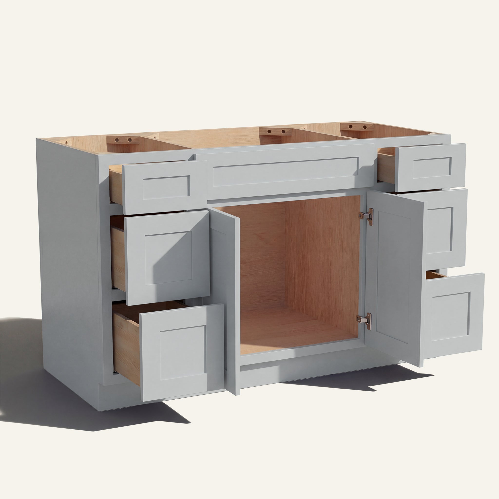 Open view of a light gray Seaport Shaker 60" single sink vanity, 2 doors and 6 drawers open showing wood interior.