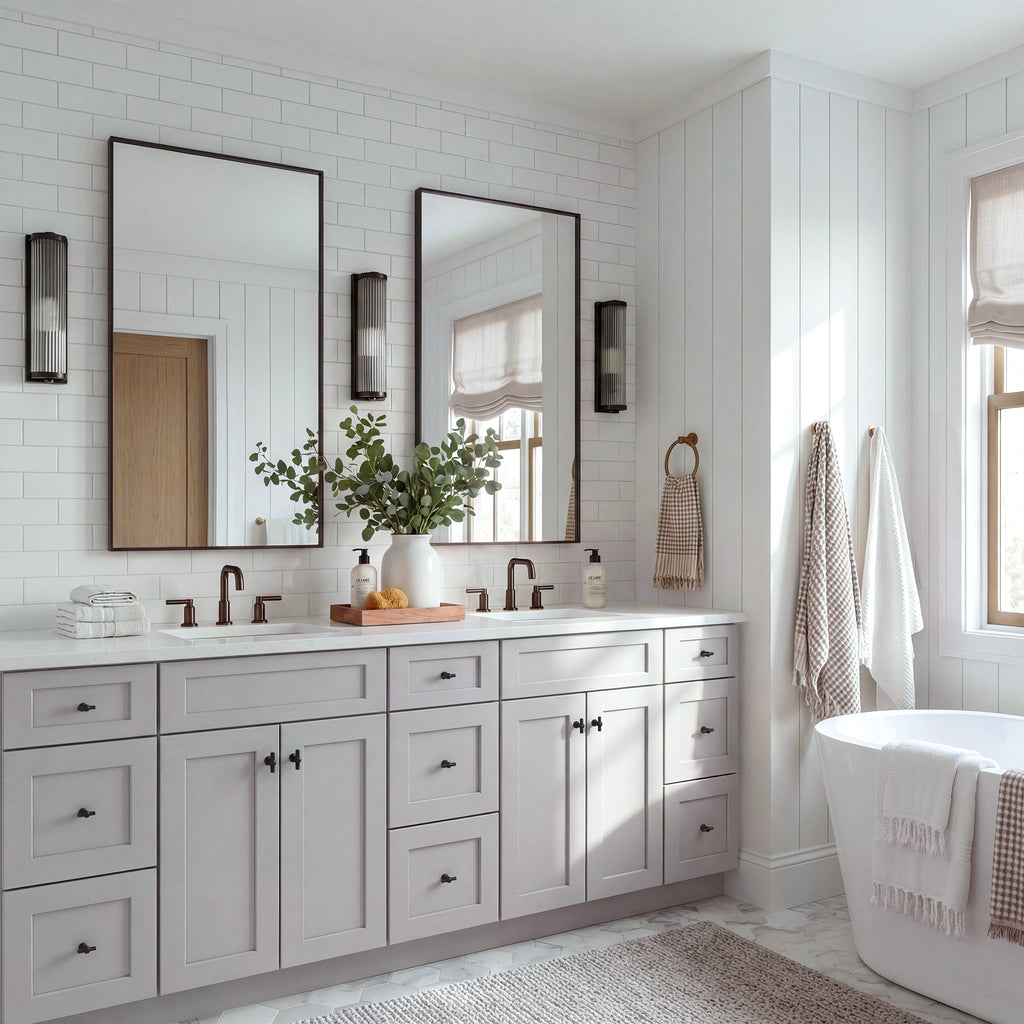 Angled view of a light gray Seaport shaker double sink vanity in a traditional, warm bathroom scene with a marble countertop.
