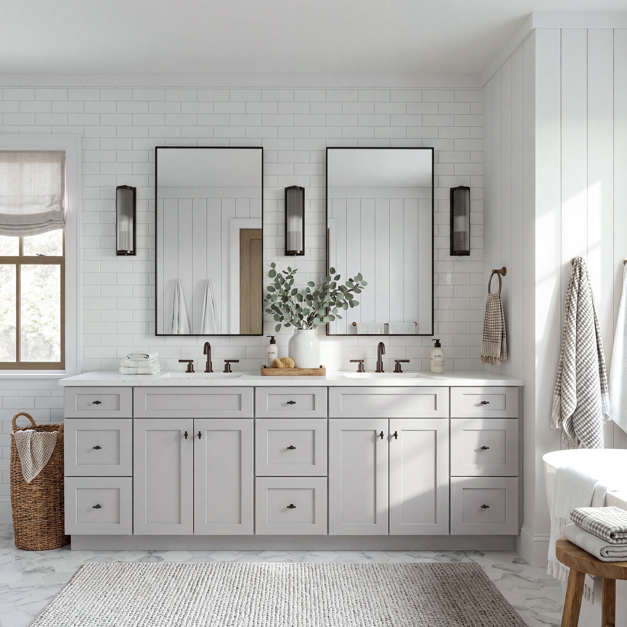 Straight-on view of a light gray Seaport double sink vanity flanked by two 3-drawer end cabinets in a warm traditional bathroom.