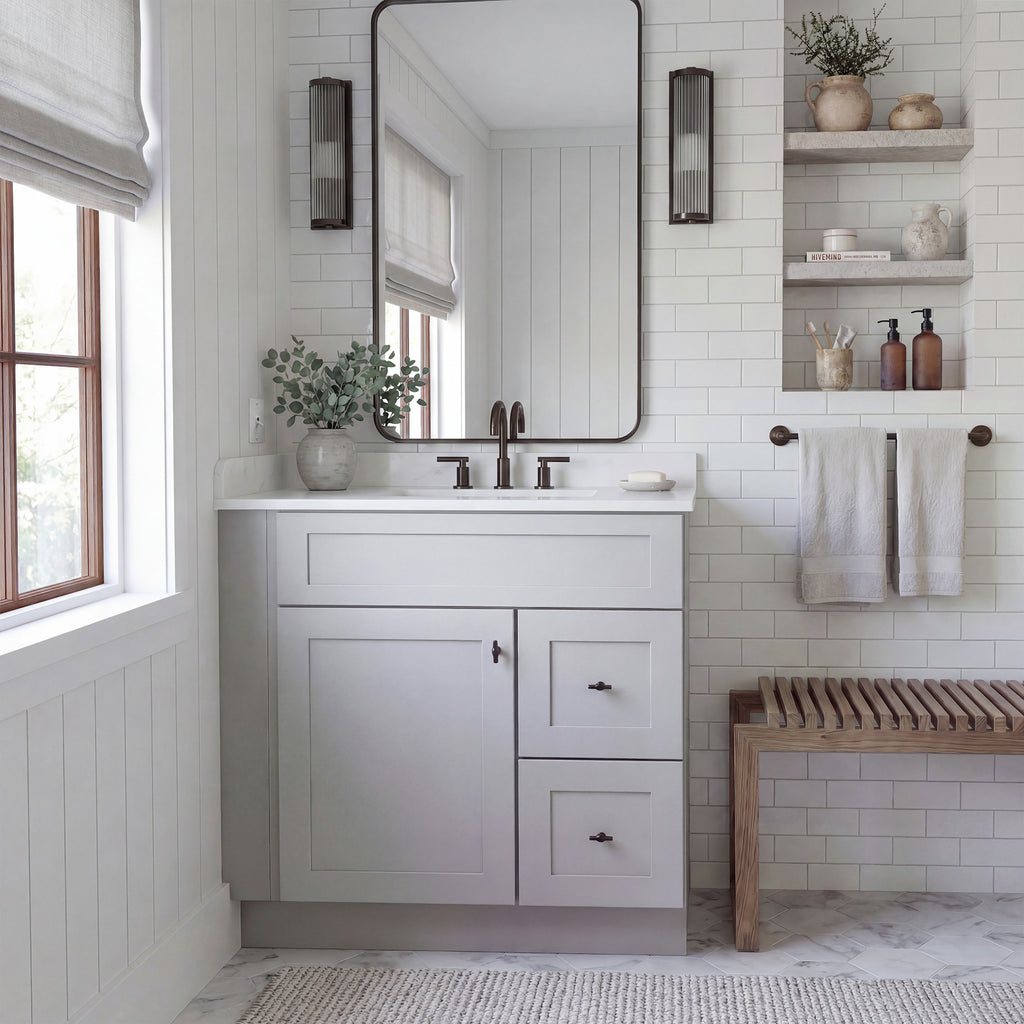 Warm bathroom scene of a light gray Seaport shaker single sink vanity with 1 door, 2 drawers right, and 1 false front.