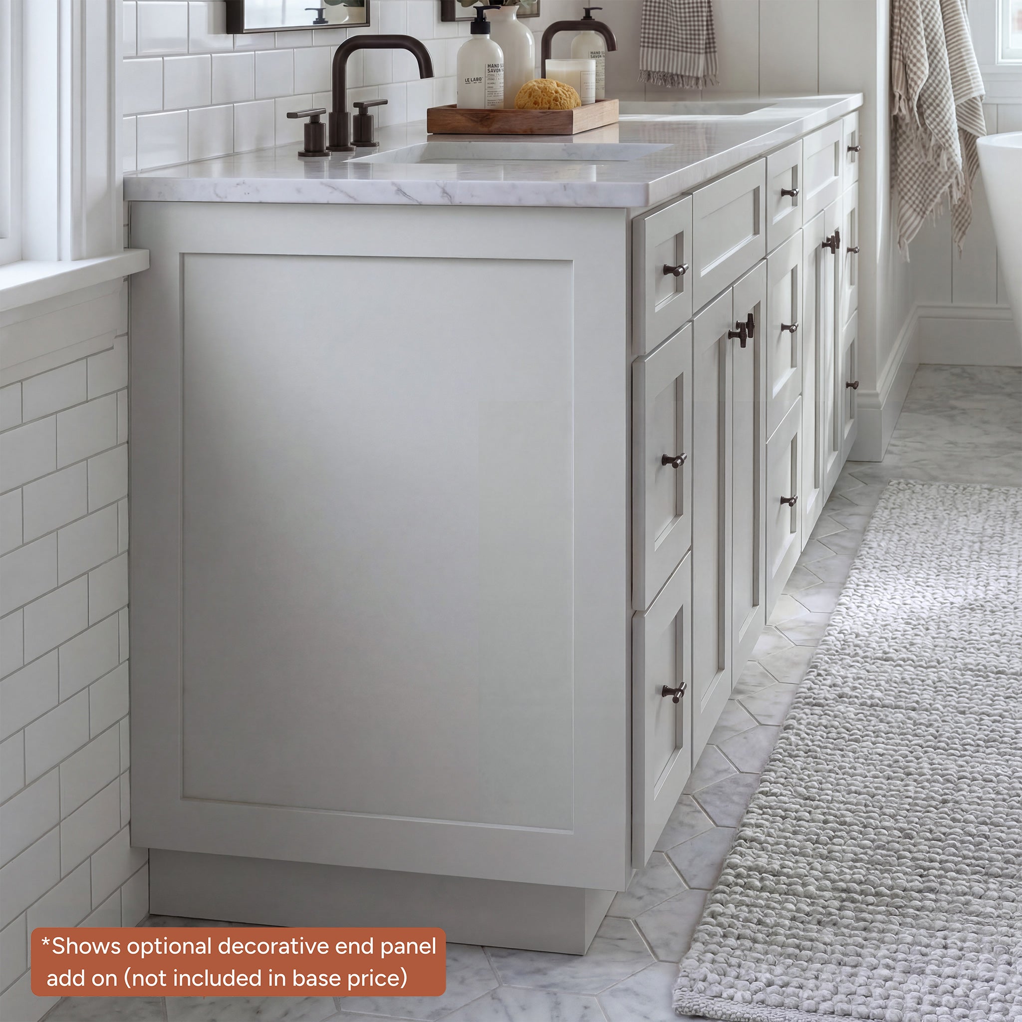 Light gray Seaport shaker vanity detail showing an optional decorative end panel add-on, not included in base price.