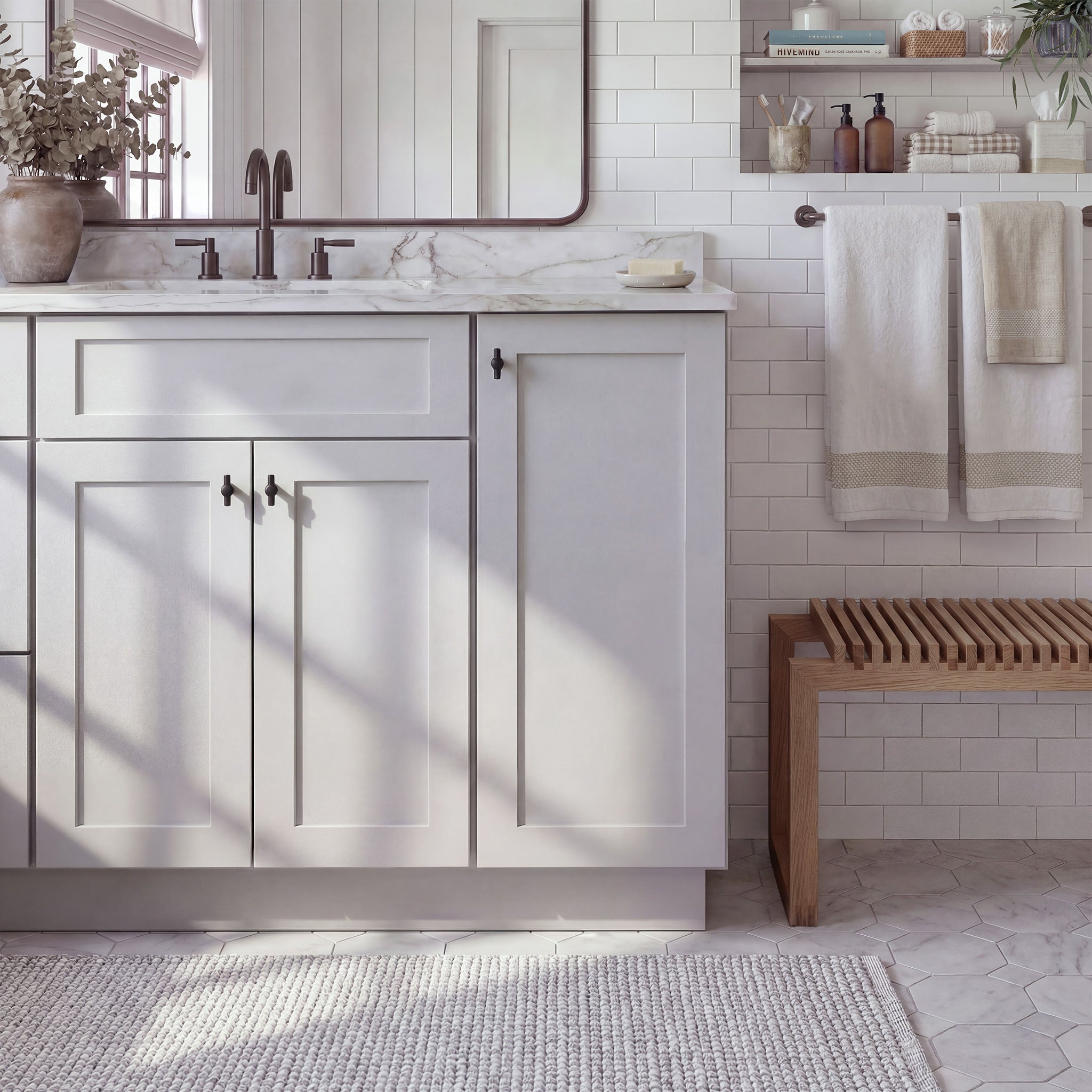 Front view of a light gray Seaport traditional vanity base cabinet with 3-doors and 1 false drawer in a styled bathroom.