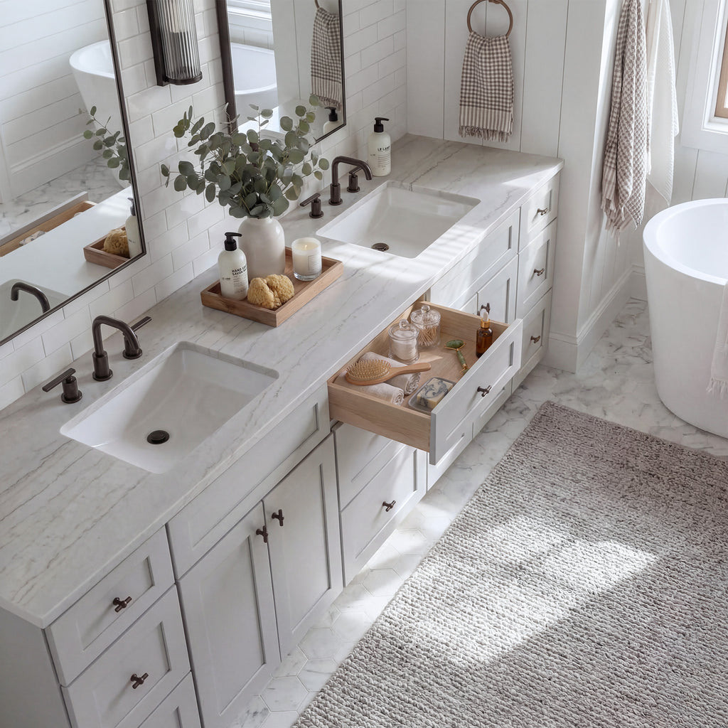 Top-down angled view of a light gray Seaport shaker vanity with an open drawer, lived-in feel, and Mont Blanc quartzite counter.