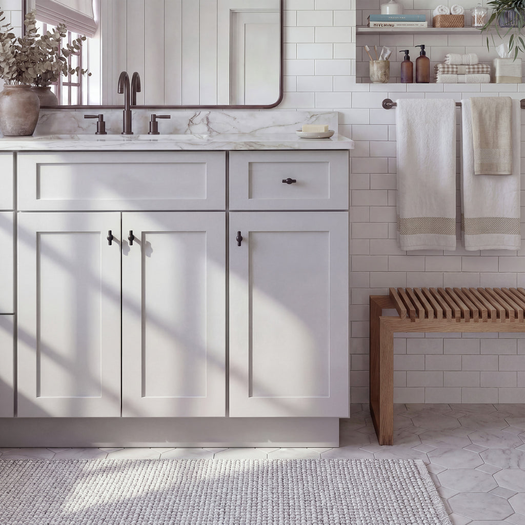 Front view of a light gray Seaport shaker vanity with 2 doors, 1 drawer, and 1 false front with a nickel latch in a warm bathroom.
